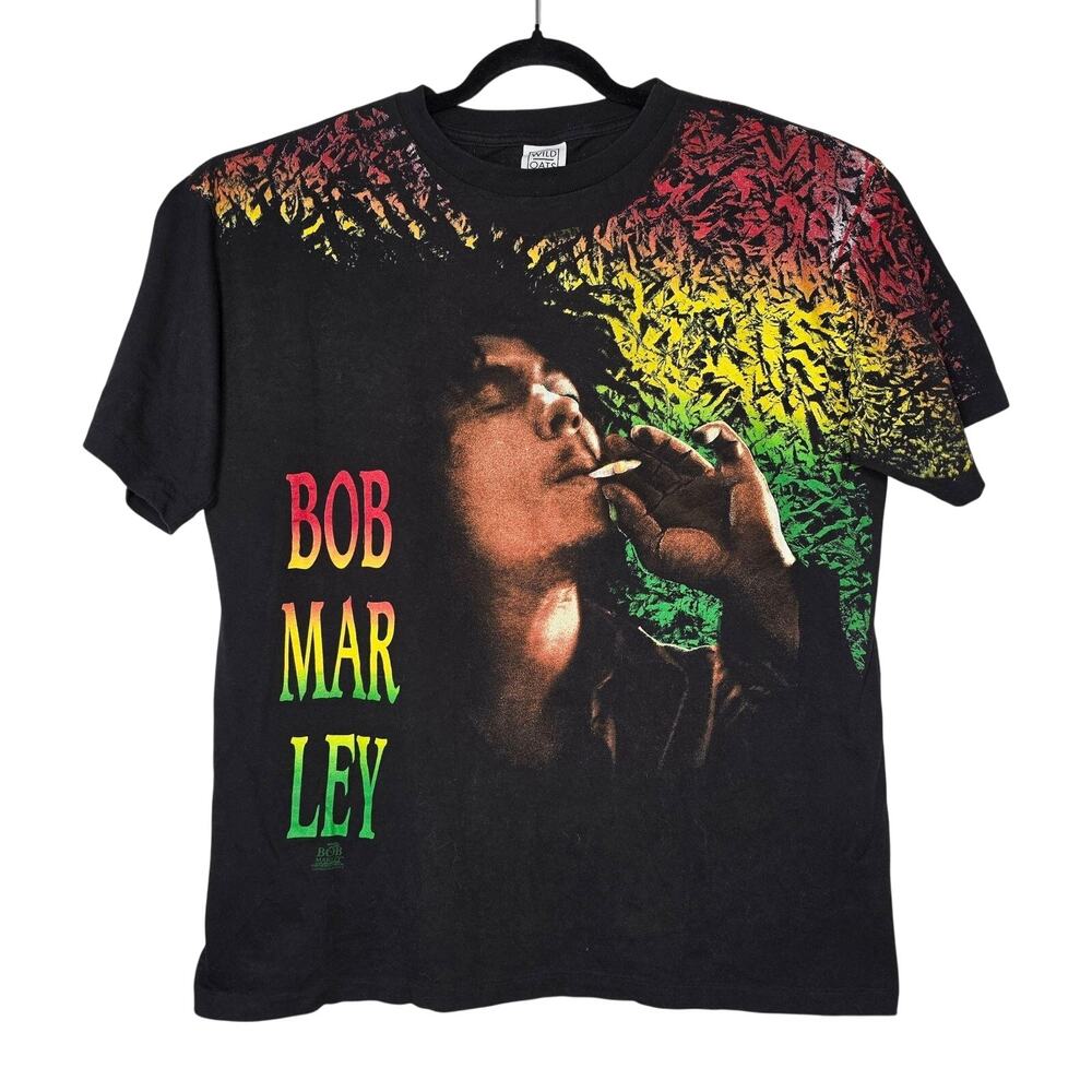 Vintage Bob Marley Shirt Mens XL Black Wild Oats Reggae Rasta Double Sided
